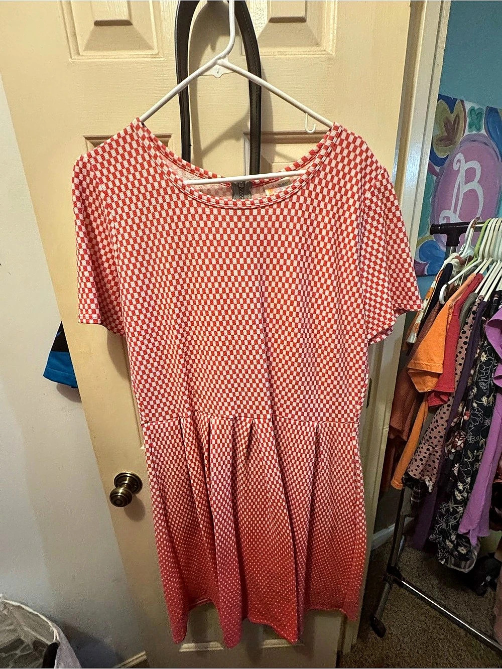 Colorblock Gingham Mini Dress in Coral & White Size 3XL Like New